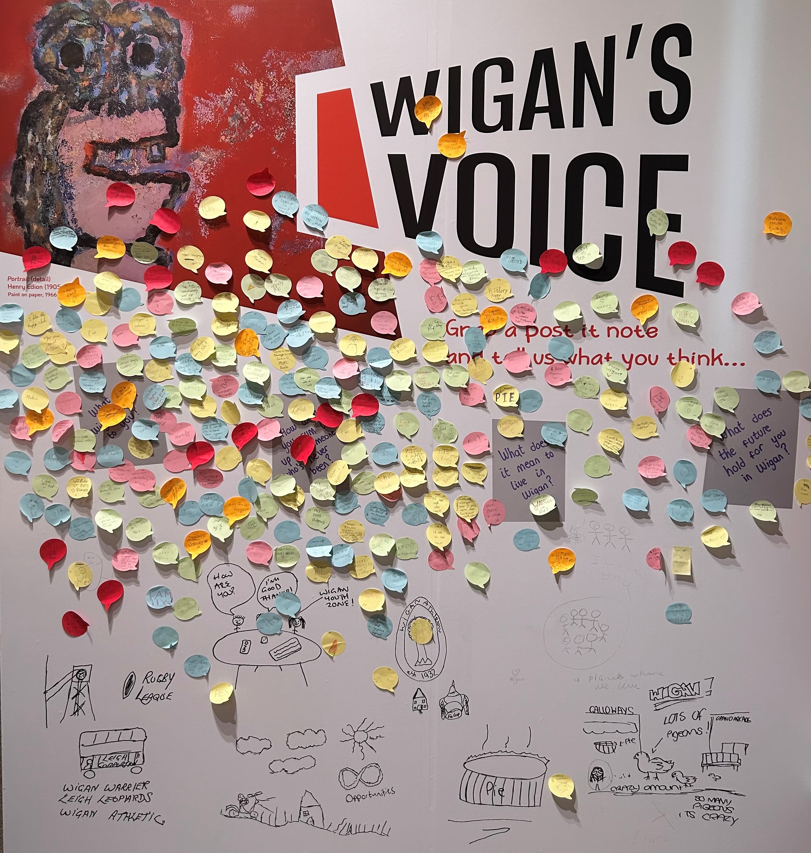Post-it notes on a wall under the words Wigan's Voice Post-it notes on a wall under the words Wigan's Voice